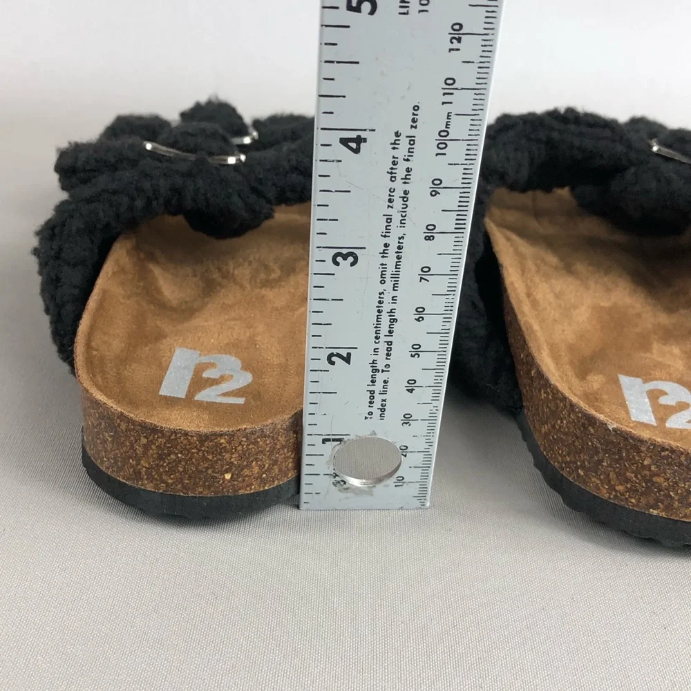 R2 Bernette Black Sherpa Teddy Shearling Buckled Double Strap Sandals - Picture 7 of 8